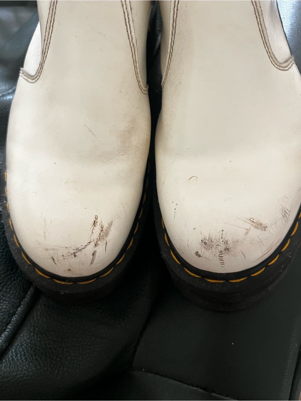 Dr. Martens White Leather Platform Chelsea Boots with Yellow Stitching